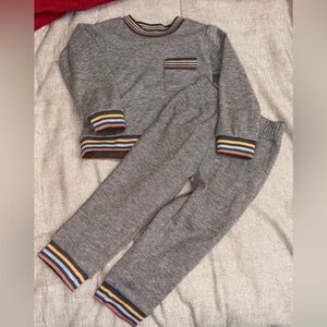 Gray Knit Two-Piece Loungewear Set with Multicolor Stripe Accents